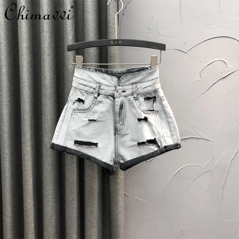 

Женские рваные джинсовые шорты с высокой талией, модные Свободные повседневные джинсовые брюки трапециевидной формы с широкими штанинами, ...