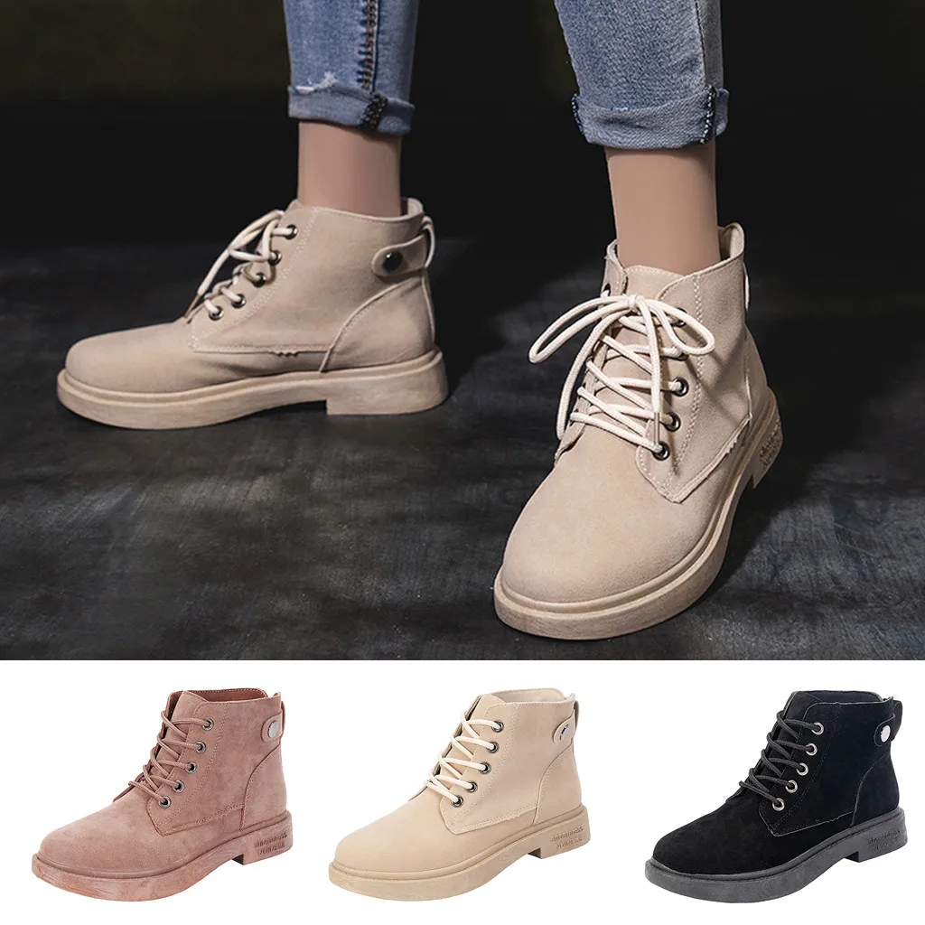 Women's Suede Martin Boots Ladies Fashion Round Toe Casual Lace Up Single Shoes woman student Lace-Up Flat Head Short Boot | Обувь