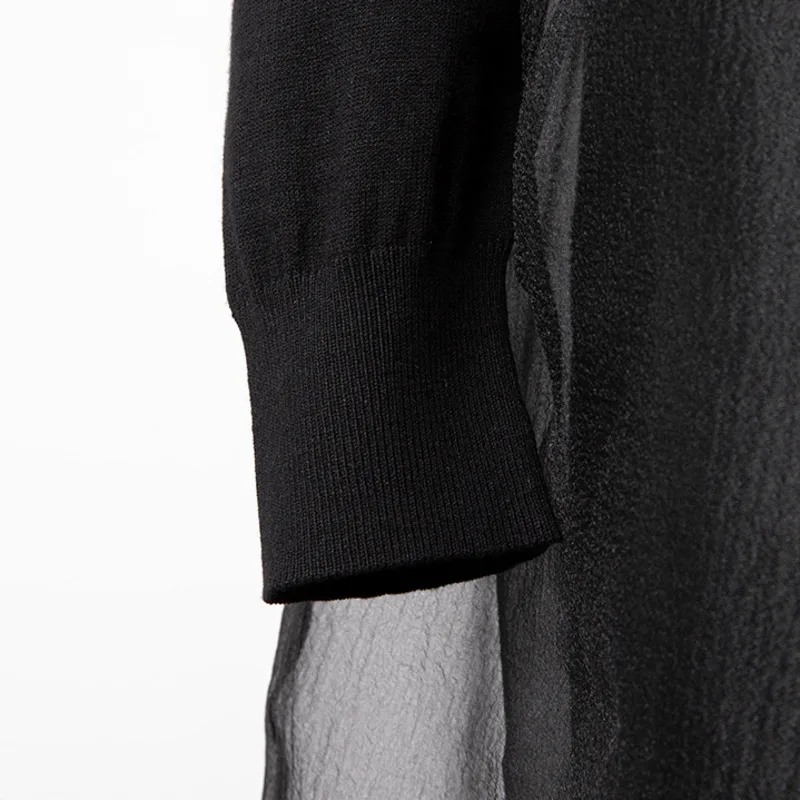 

DEAT Women White Patchwork Gauze Folds Elastic Waist Dress New Round Neck Long Sleeve Slim Fit Fashion Tide Summer 2021 7E1031