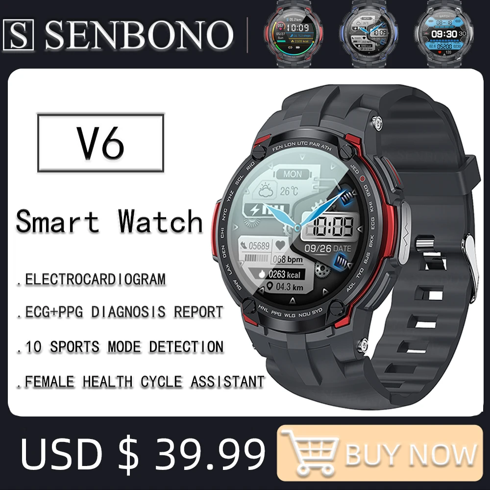 

SENBONO 2022 New V6 Health Smart Watch Men ECG+PPG Blood Pressure Heart Rate Monitor Clock IP68 Waterproof Smartwatch Women