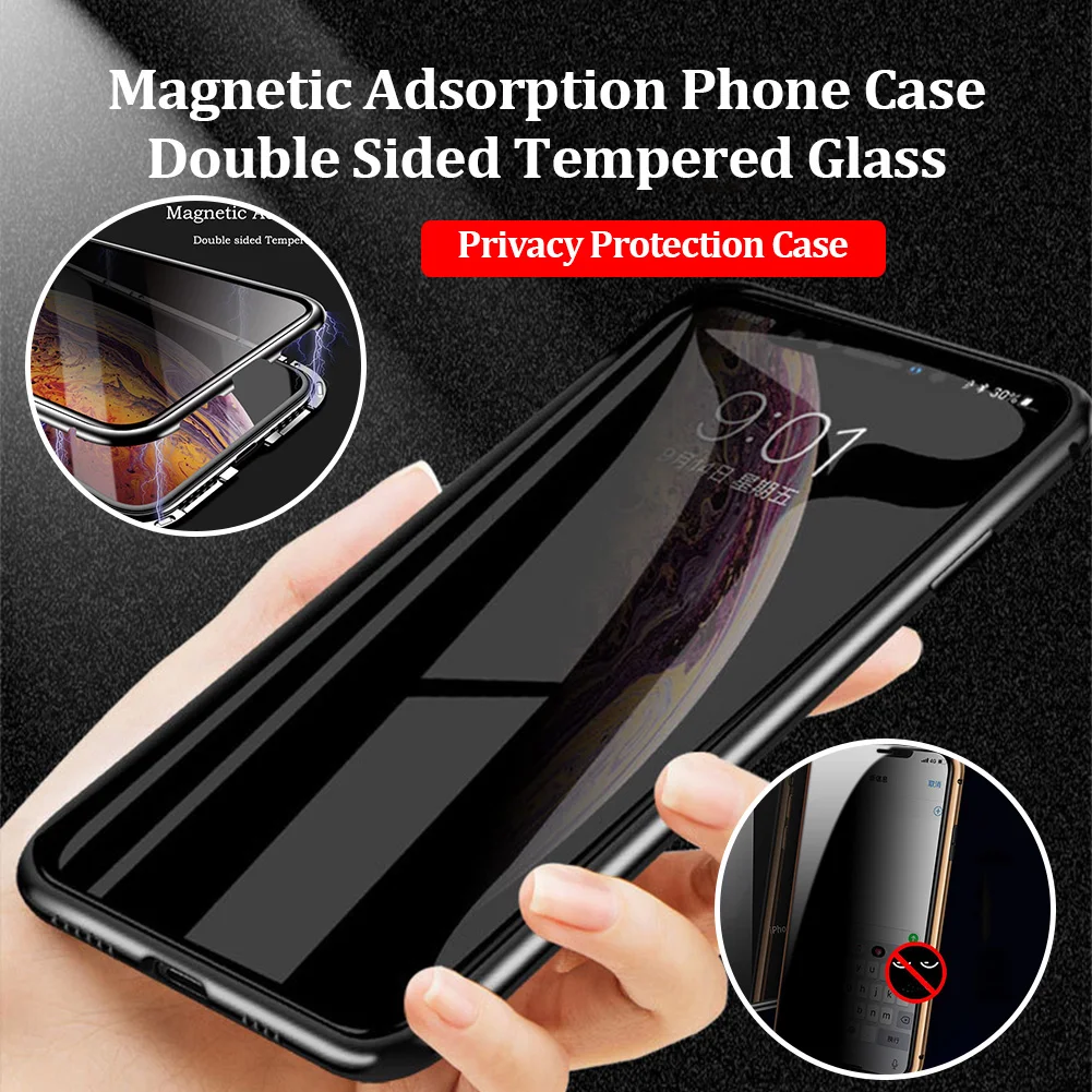 Magnetic Tempered Glass Privacy Protector Case for iPhone XS MAX XR X 11 Pro Max Anti Peep Metal Bumper Samsung Note 10 Plus |