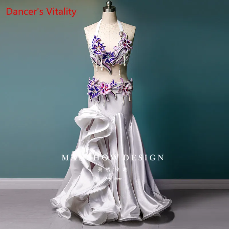 

Professional Custom Made Belly Dance Set White Sexy Fringed Fairy Skirt Luxury Belly Dance Competition Suit