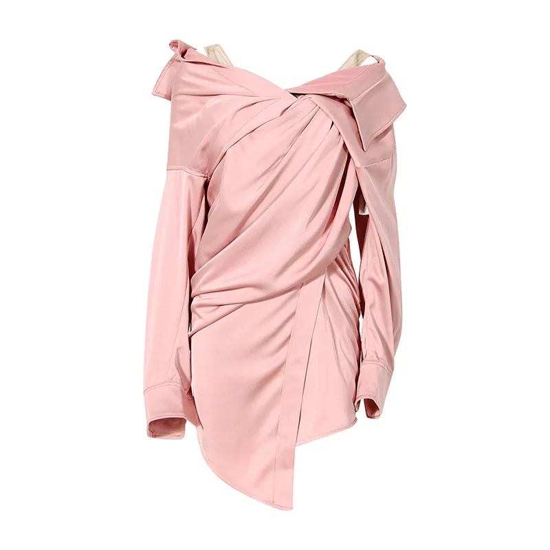 

SuperAen новая дизайнерская рубашка 2021 осеннее тонкое облегающее повседневное цельное розовое мини-платье-рубашка с v-образным вырезом и уксус...