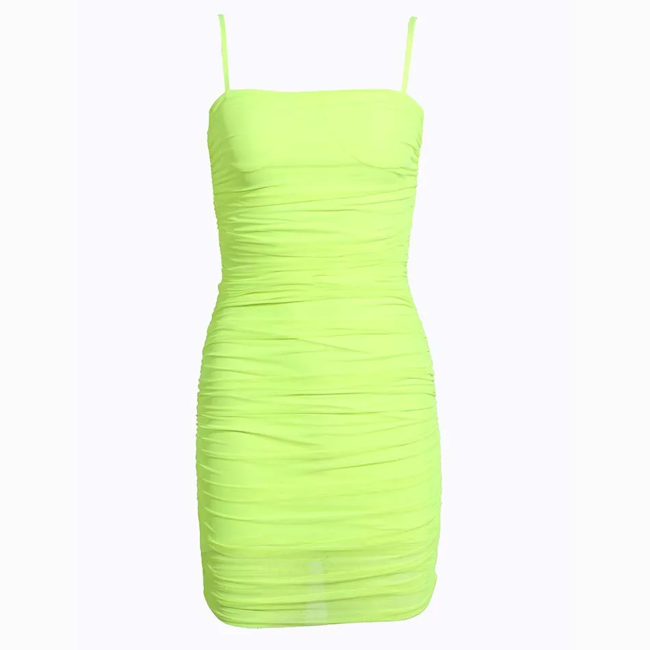 fluorescent green Новые летние женские модные пикантные флуоресцентный зеленый светильник фиолетовый спагетти складки мини-платье облегающее Клубное праздничное платье - Цвет: fluorescent green