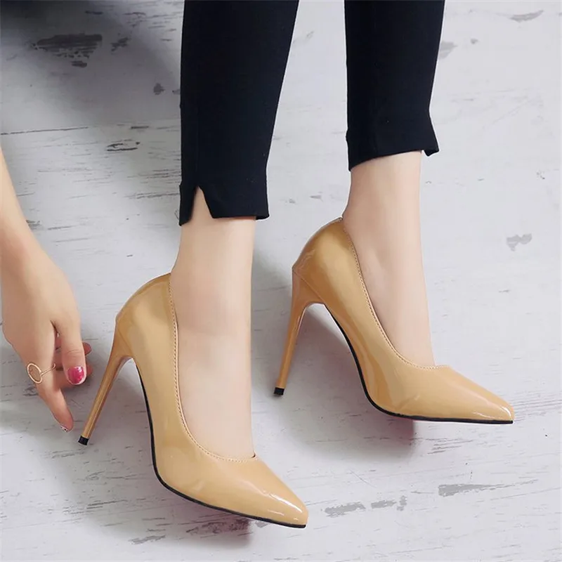 

2021 New Women Pumps High Heels Black Patent Leather Pointed Toe Sexy Stiletto Shoes Woman Ladies Plus Big Size 11 12 13