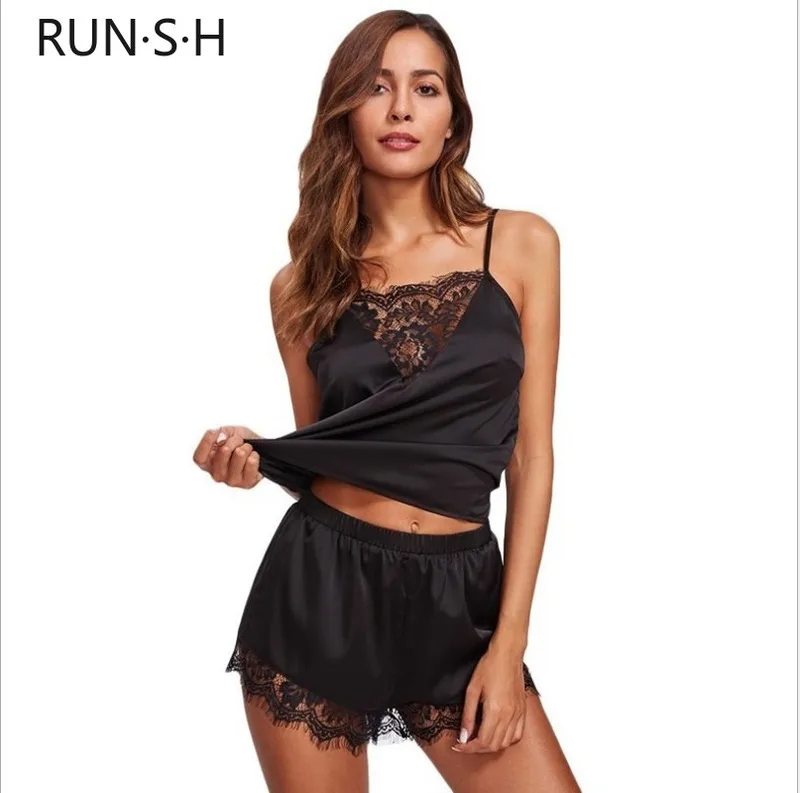 Пижама женская атласная кружевная пикантная ночная рубашка без рукавов Атласный