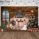 Фон для фотосъемки с изображением рождественской деревянной доски камина зимней елки куклы медведя ребенка портретный фон для фотостудии