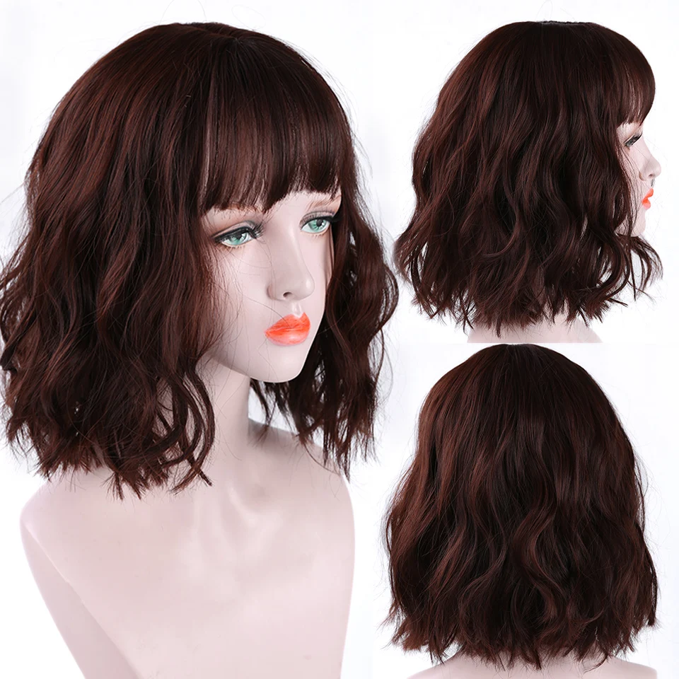 WTB 12&quot Short Curly Hair Synthetic Bob Wig Women's Brown Black Natural with Bangs African American Heat Resistant | Шиньоны и