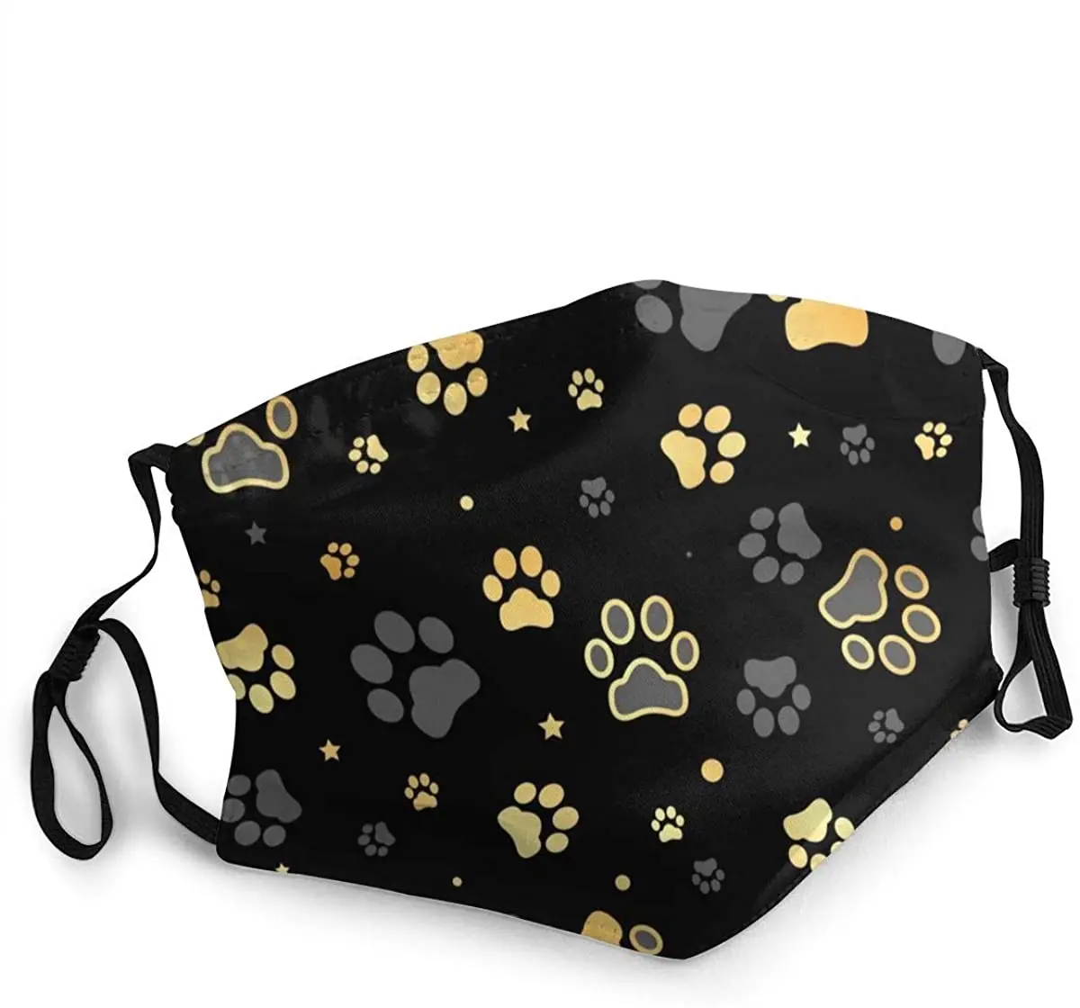 

Universal Mask Unisex Mask Gold Dog Paw Print and Star Seamless Pattern Black Background Washable Black Mask.