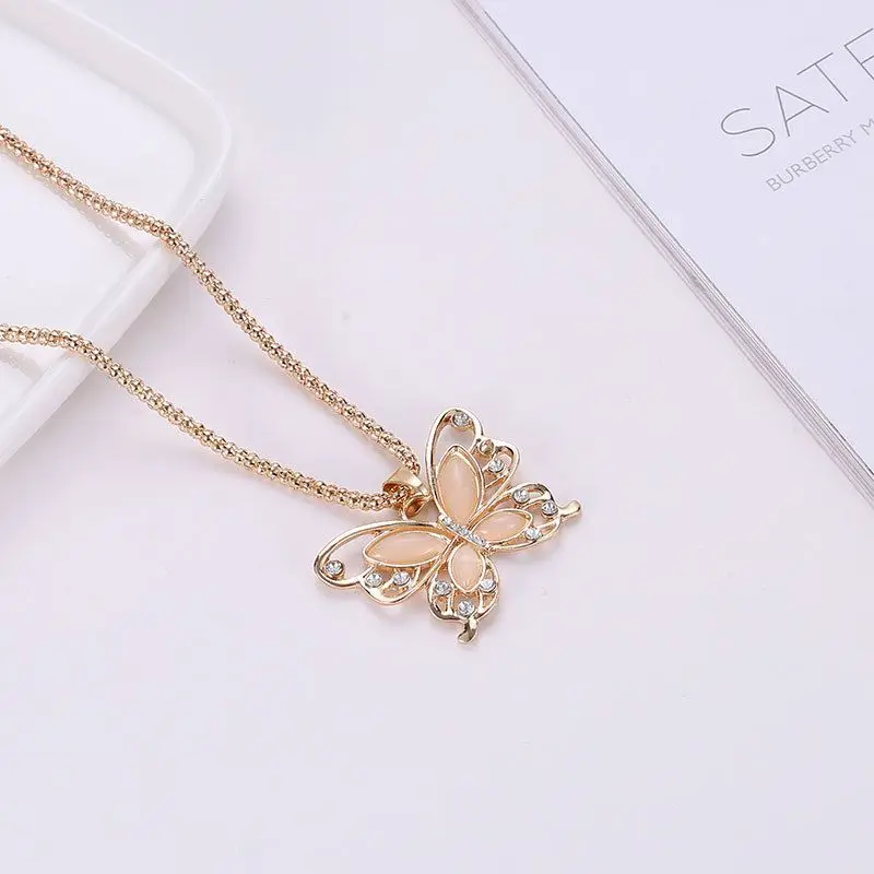 Женская Длинная цепочка ожерелье Изысканный Опал Камень ажурная бабочка кулон