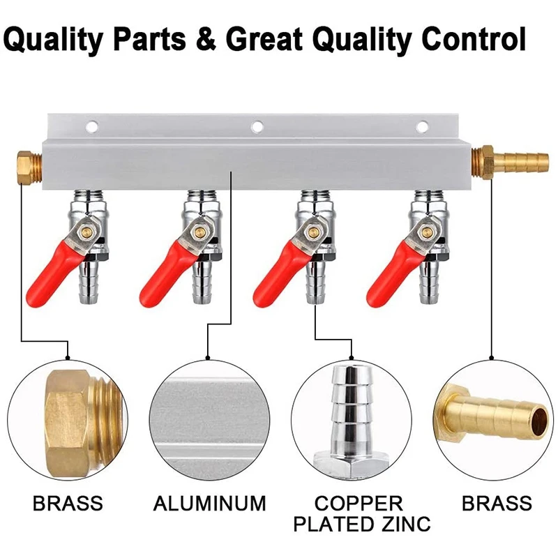 

Gas Manifold, CO2 Gas Distributor, 5/16inch Barb Fitting Beer Kegerator Splitter, 4-Way Air Distributor with Hose Clamps