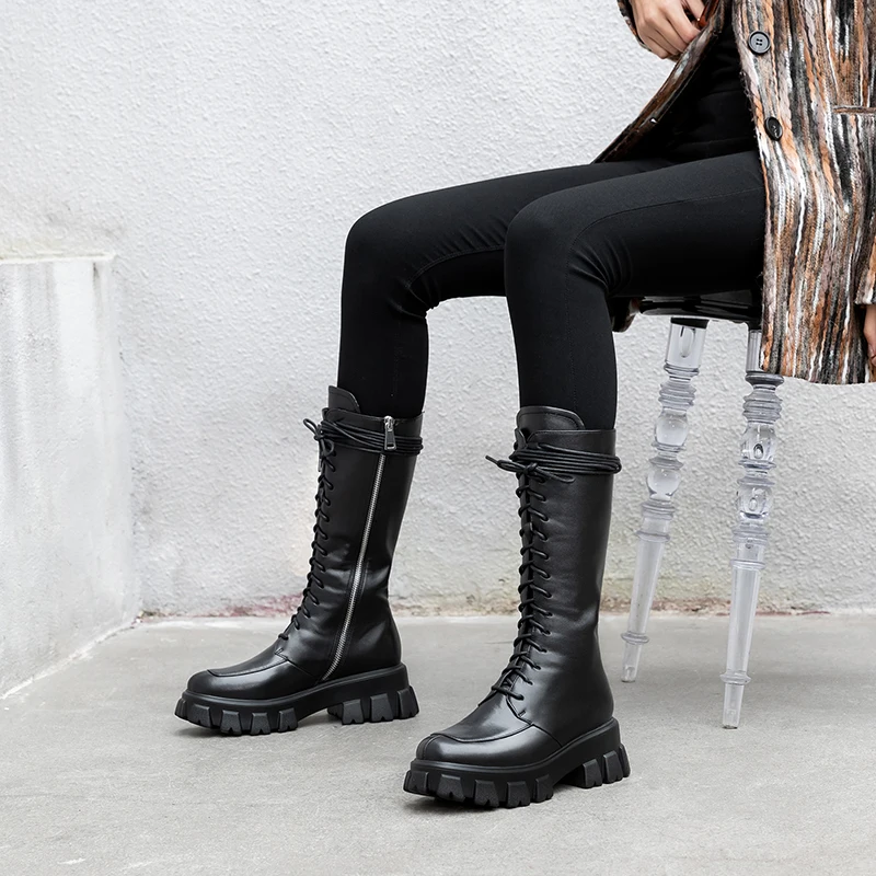 

MoonMeek 2020 winter new arrive genuine leather mid calf boots med heels round toe lace up ladies shoes keep warm women boots