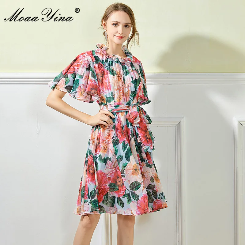

MoaaYina Fashion Runway Summer Floral Short Vacation Dress Women's Elegant Butterfly Sleeve Printed Chiffon vintage A-line Dress