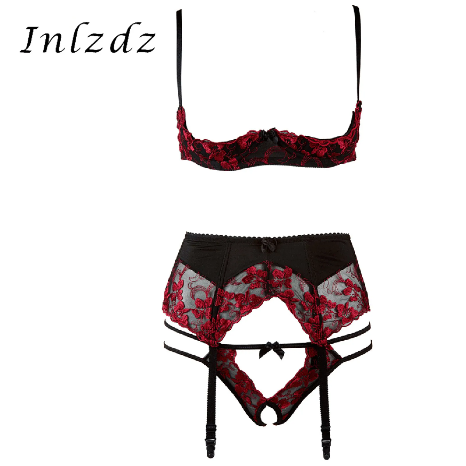 

Sexy Lace Lingerie Set Women Hot Erotic Nightwear Unlined Open Cup Underwire Hot Bra Crotchless Briefs Thong with Garter Belts