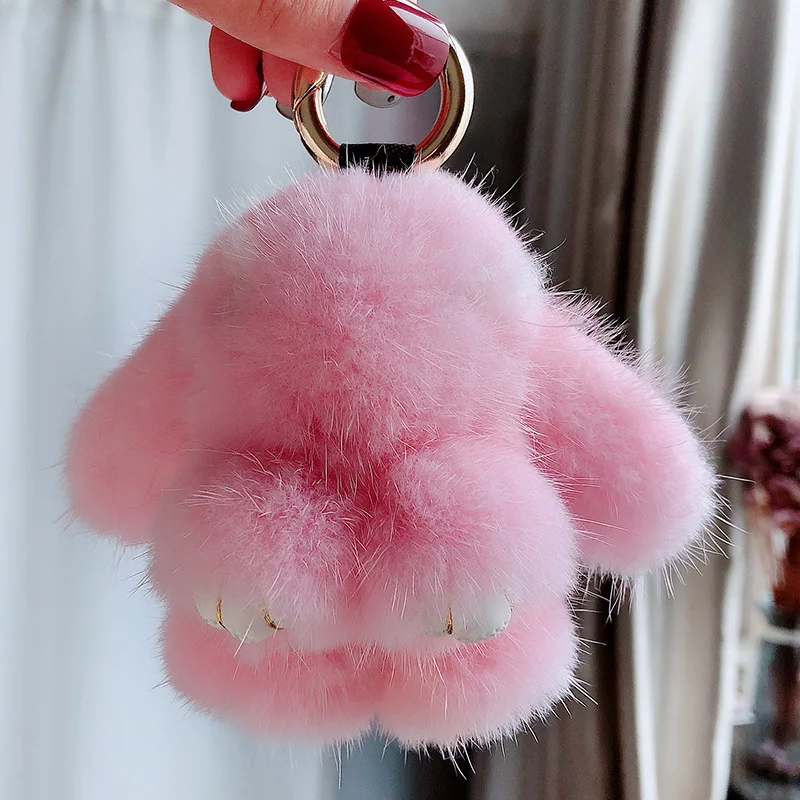 Игрушечный Кролик, подвеска из меха норки, милый женский брелок для машины, сумки, ключей, плюшевый шарм, роскошный брелок для ключей для женщин - Цвет: Pink