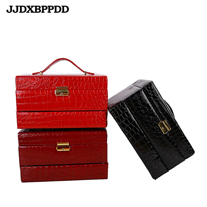 Goede Automatische Lederen Sieraden Draagtassen Drie-Layer Opslag Voor Vrouwen Oorbel Ring Decoratie Bijoux Cosmetische Organisator Kist