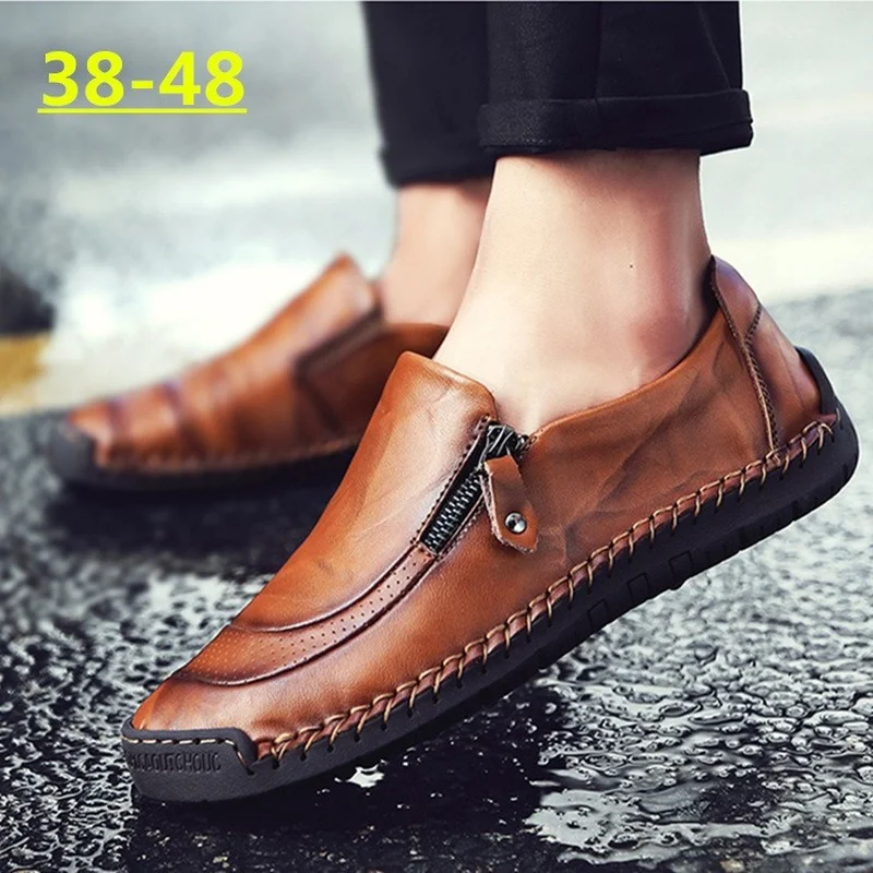 

Fashion British Style Men Causal Shoes Artificial Leather Loafers Zipper Flats Men Breathable Outdoors Shoes Plus Size 38-48