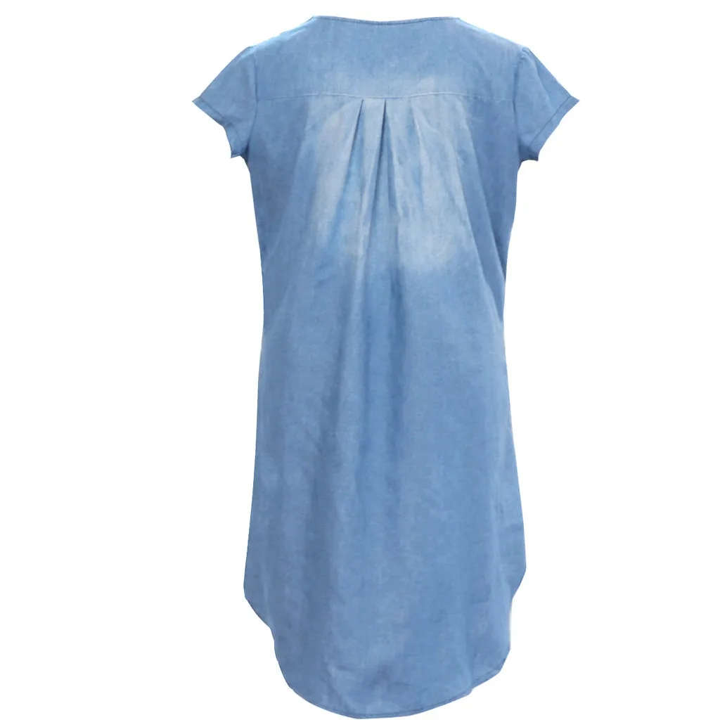 

Women's Summer Elegant Dress Casual V Neck Denim Long Party Dresses Short Sleeve Swing Dresses Woman Party Robe Femme Womens