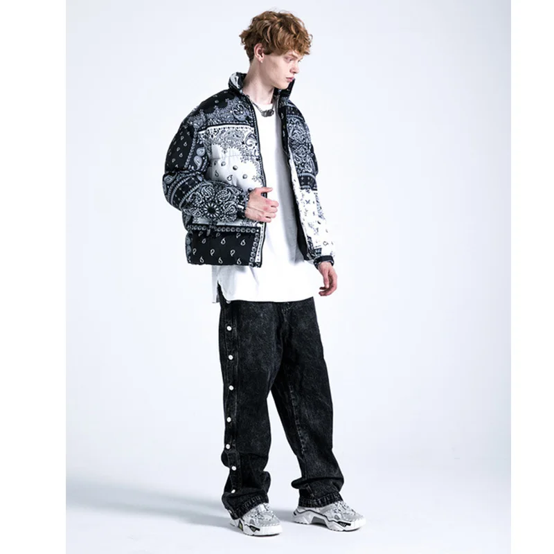 

Fashion Men Parkas Autumn Winter New High Street Retro Cashew Flower Thickening Cotton-padded Jacket Oversize Loose Bread Coats