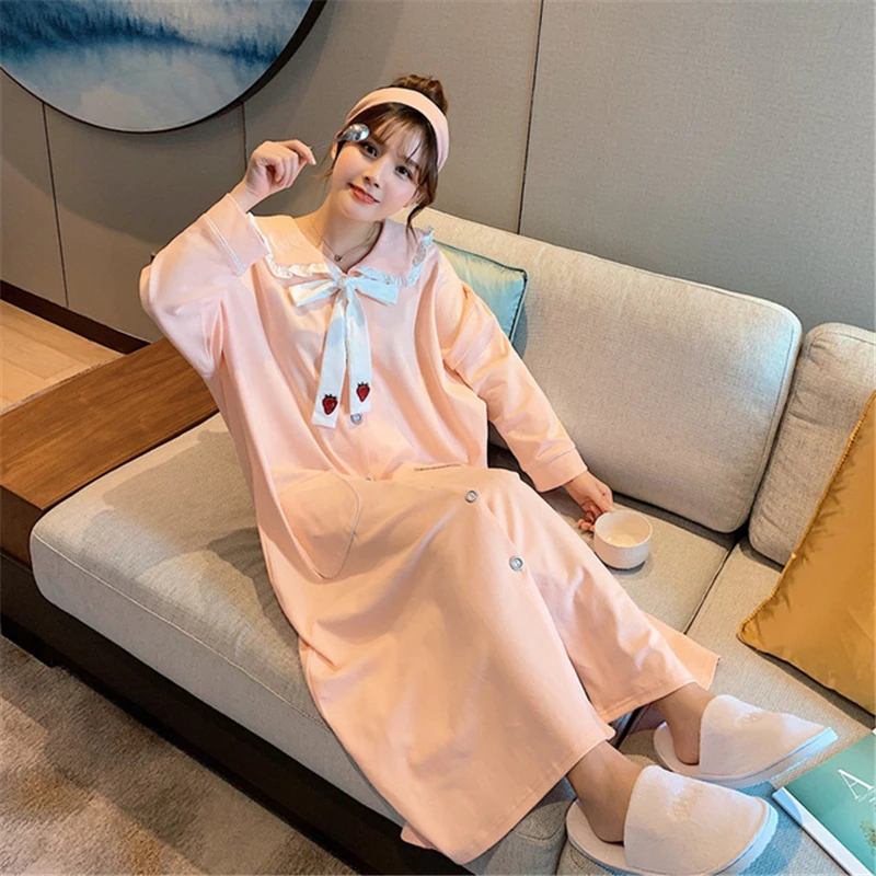 

Plus size nightdress women autumn and winter new style cotton long-sleeved fat mm loose nightgown home service pijamas women