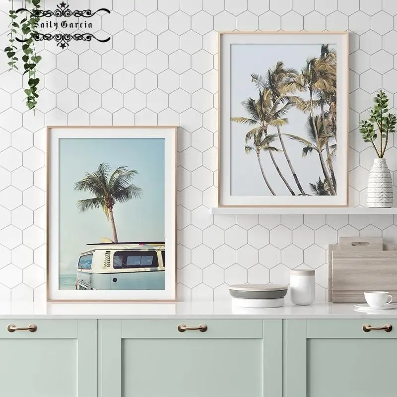 

Scandinavian Tropical Landscape Poster Sea Bus Palm Tree Modern Prints Wall Art Canvas Painting Nordic Home Decoration Pictures