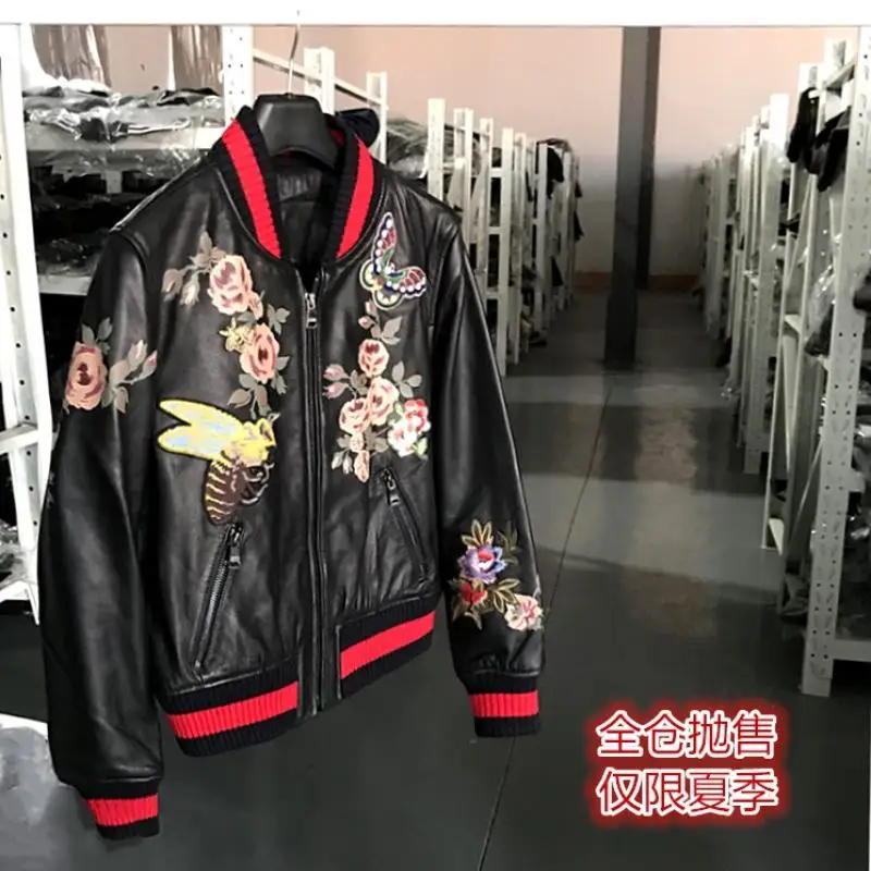 Layer Sheep Skin Head Painting Water Soluble Solid Embroidered Garment Leather Jacket Women High Quality