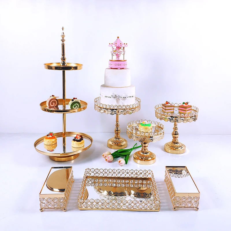 

7-9pcs Gold Mirror Metal Cake Stand Round Cupcake Wedding Birthday Party Dessert Pedestal Display Plate Home Decor