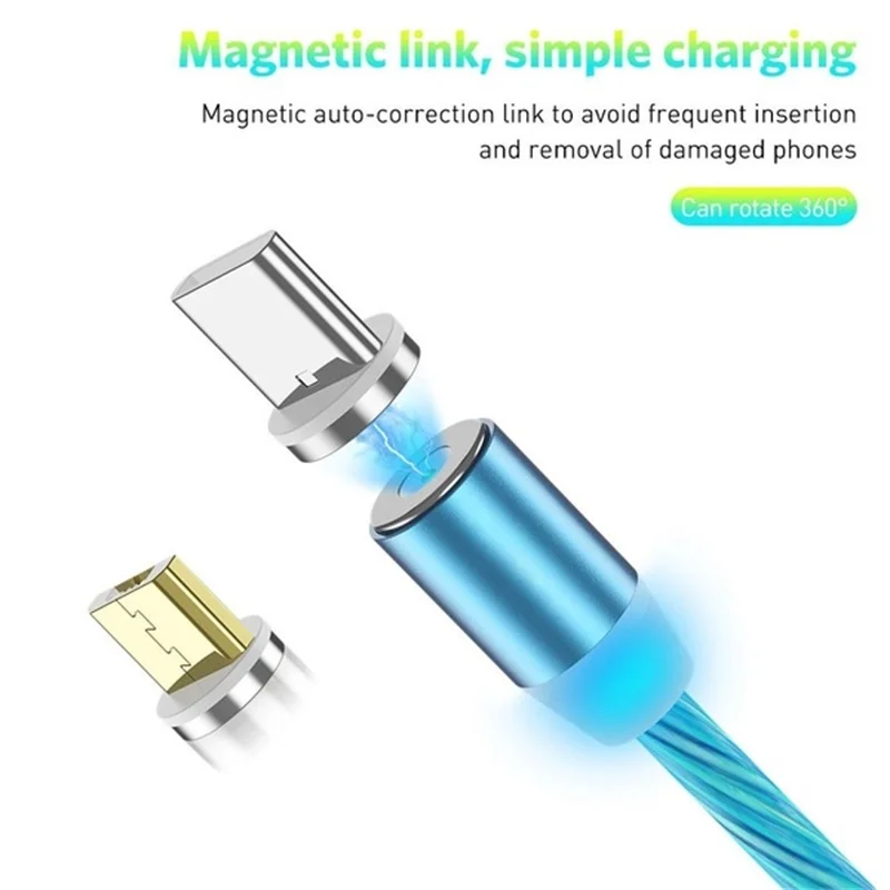 Магнитный USB кабель световой поток светодиодный кабель для iPhone XR X 7 8 Micro type C зарядное устройство Быстрая зарядка магнит Зарядка Тип C