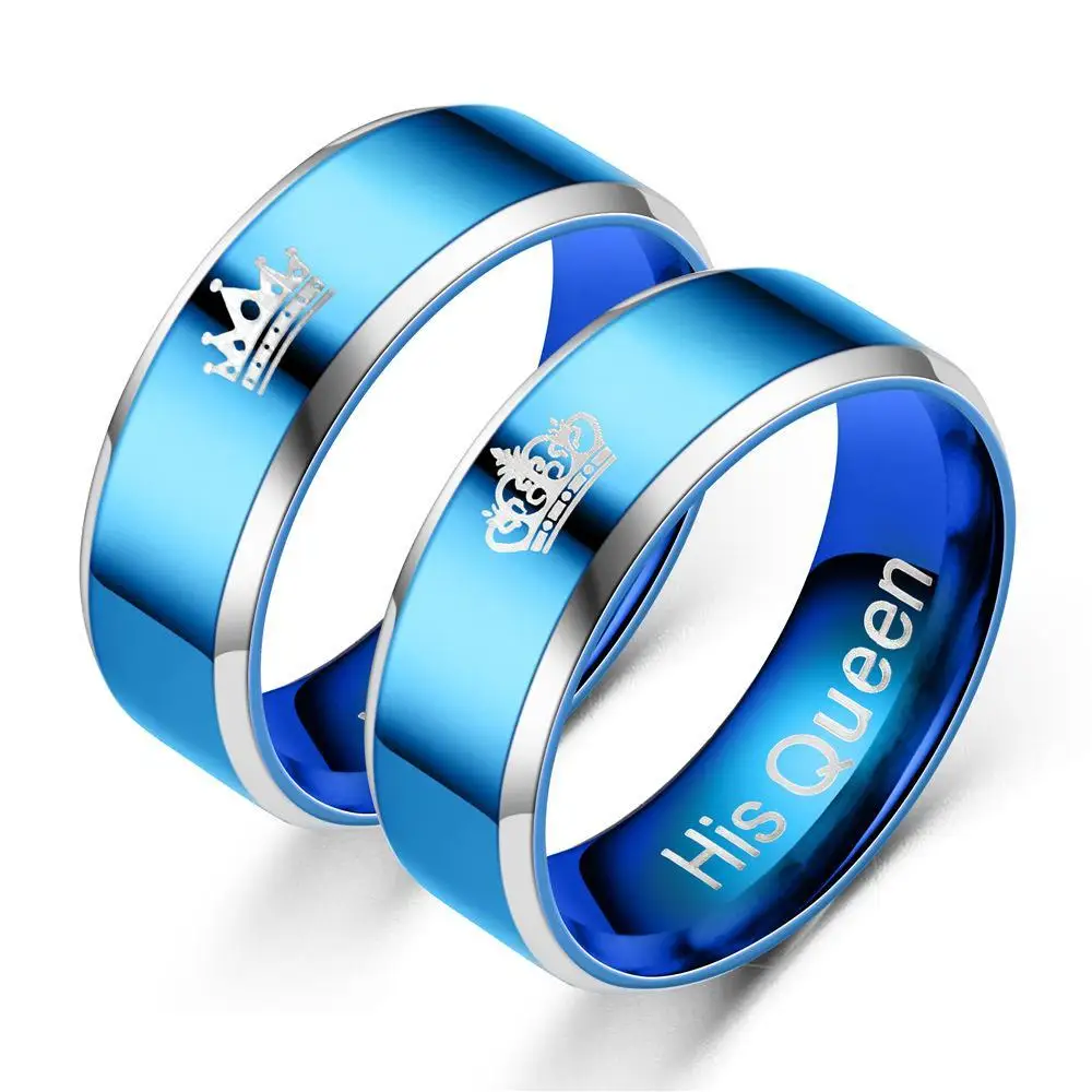 

TOPZBAO Stainless Steel Blue Color Rings Letter His Queen Her King Couple Rings Women Men Engagement Rings Wedding Accessories