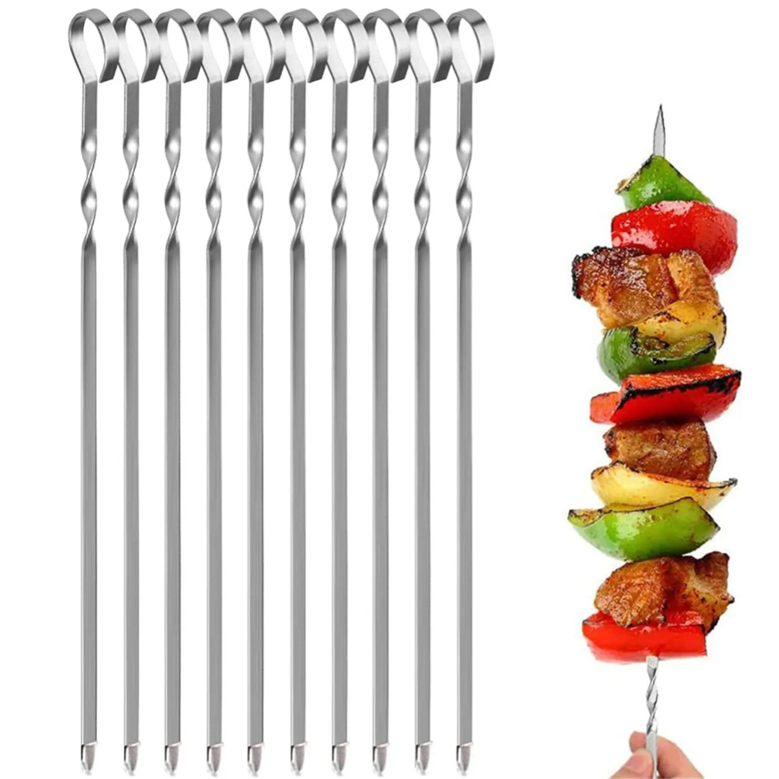 

10pcs/set Stainless Steel Barbecue Skewers BBQ Thickened Barbecue Tool Shish Kebab Kabob Skewers Outdoor BBQ Accessories