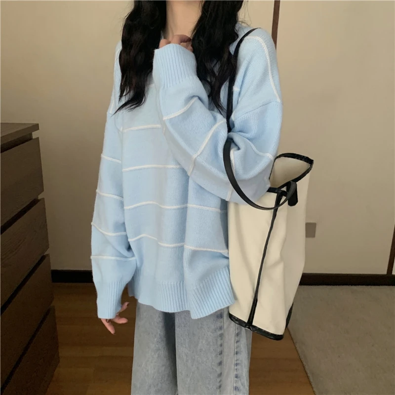 

2020 Autumn And Winter New Ladies Sweater Striped Plus Size Pullover V-Neck Sweater Women