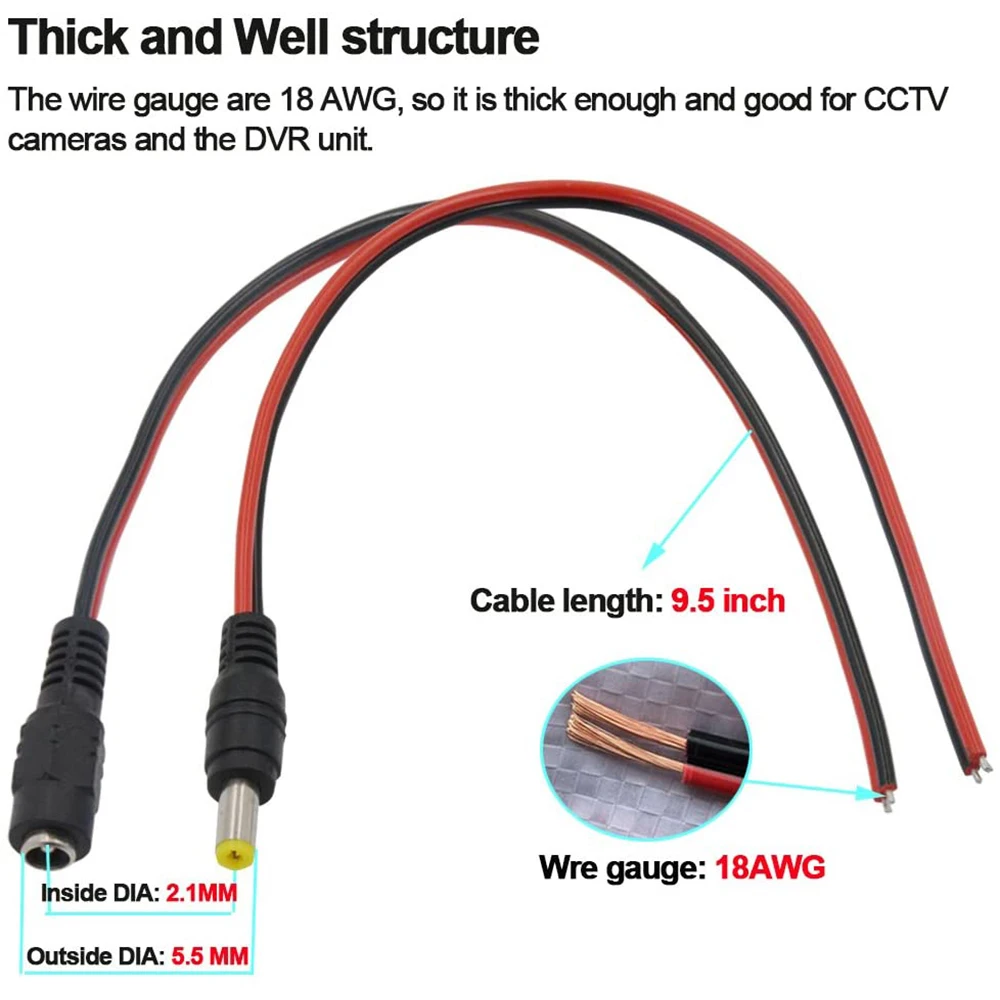 

2Pairs 2.1x5.5 mm Male Female Plug 12V Dc Power Pigtail Cable Jack For Cctv Camera Connector Tail Extension 12V DC Wire