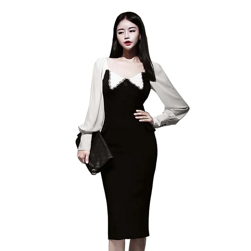 

2020 Autumn Winter New Vintage Black Formal Office Lady Work Dress Lantern Sleeve Lace Single-breasted Pencil Dress Party Spring