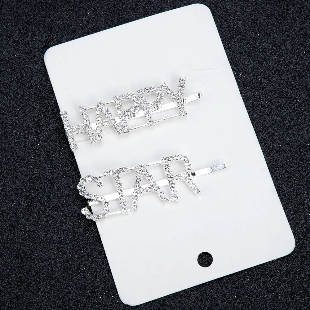 Happy Star 1Pc Shining Letter Hairpins Crystal Shiny Rhinestones Letters Hair Clips Women Styling Tool Hairgrip Jewelry Hair Accessories - Окраска металла: Happy Star