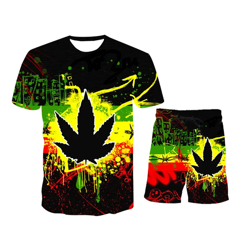 

3D Leaf Print Tracksuit Men's Sets Summer Beach Short Sleeve Set New Fashion O-Neck T-Shirt Shorts Suit Male Casual Outfit