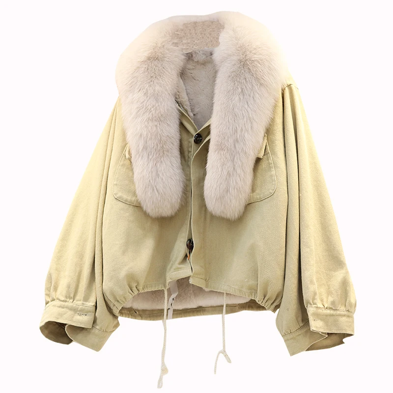 

2020 Korean Coats Women Fox Fur Neck Gaiter Detachable Collar Warm Jacket Lady Working Rabbit Wool Liner Women Furry Parkas