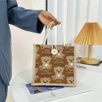 mini outdoor handbag women cute bear pattern shoulder bag flax girl student handbag casual lunch bag underarm bag