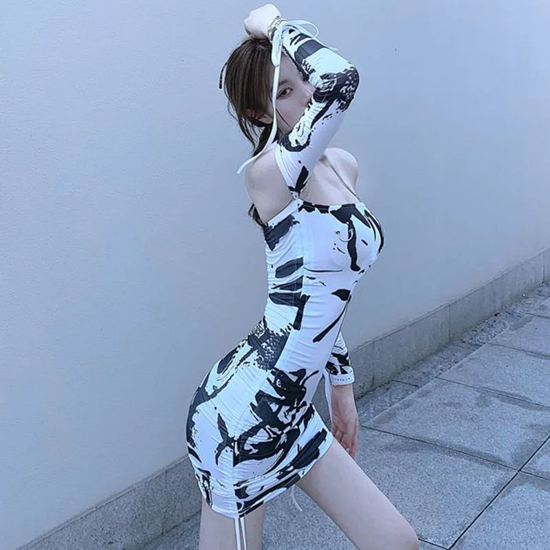 

Women's Dress Fashion Tie-dyed Off Shoulder Sexy Tight Strapless Long-sleeved Dress Clubwear