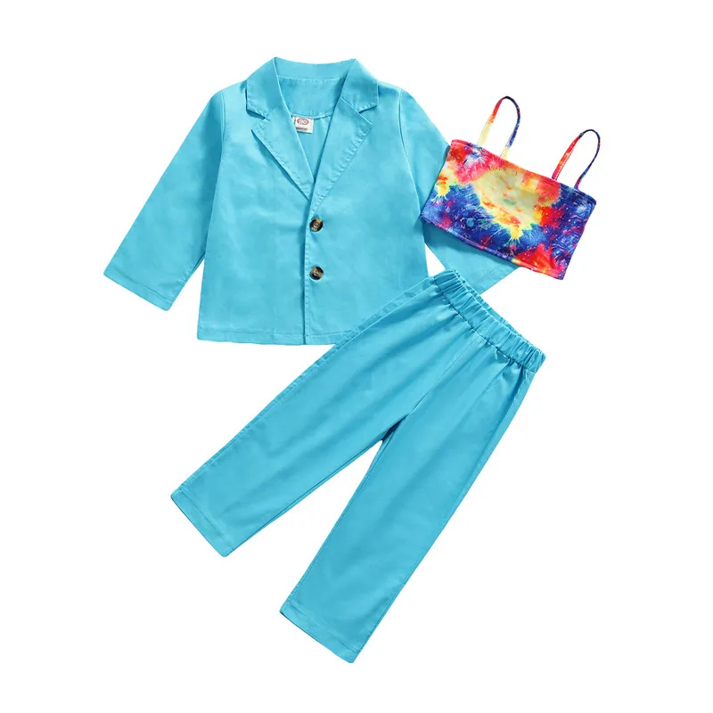 

Комплект для маленьких девочек 3 шт., однотонный костюм с длинным рукавом, с лацканами, топ + длинные брюки + короткая майка, разные цвета, для ...