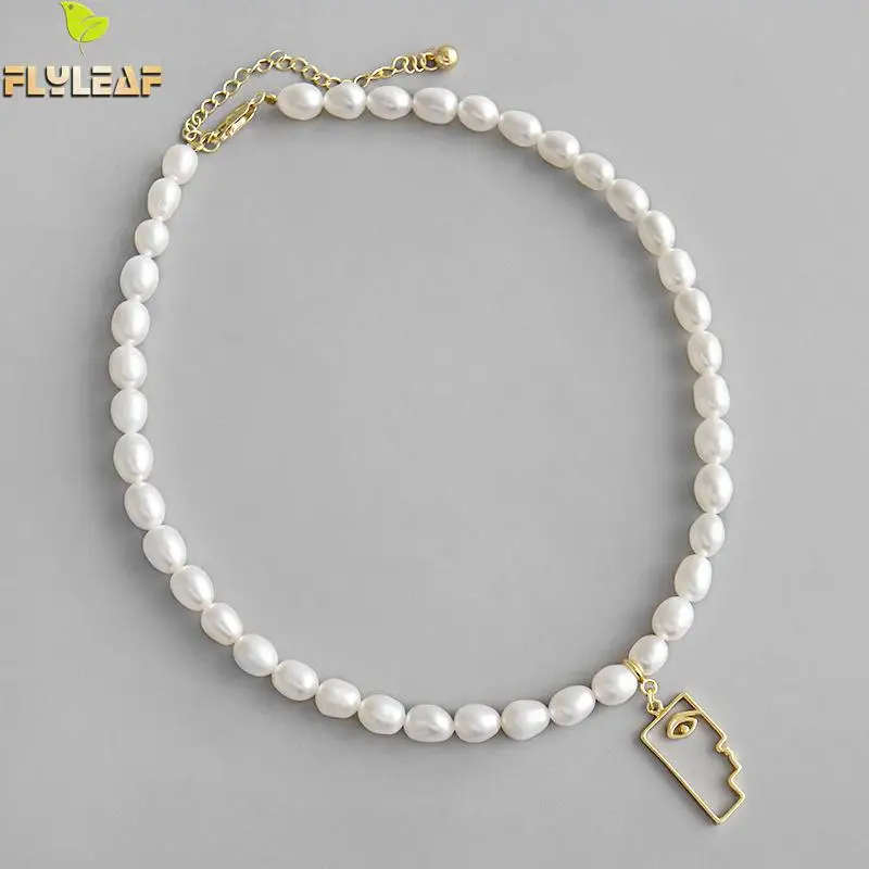 

Flyleaf Natural Freshwater Pearl Choker Necklace 100% 925 Sterling Silver Necklace For Women Gold Face Fine Jewelry Chain