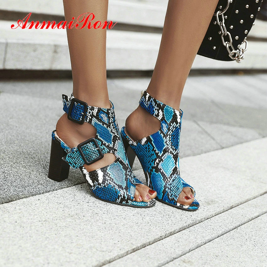 

ANMAIRON Party PU Buckle Strap Animal Prints Gladiator Sandals Women Serpentine Fashion Covered Square High Heels Shoes Woman