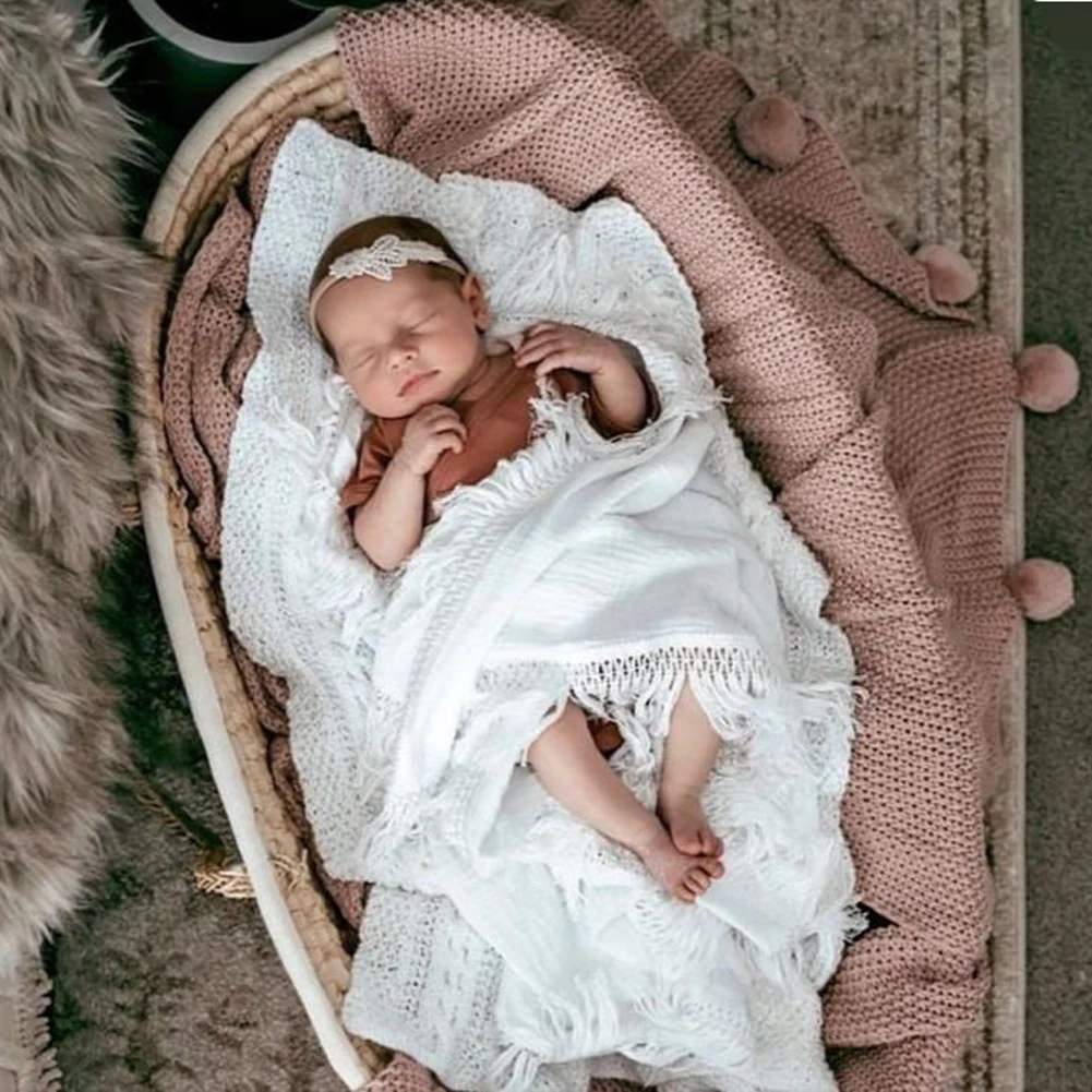 Пеленка для новорожденных мальчиков и девочек, винтажная пеленка с кисточками, однотонное мягкое одеяло из хлопка