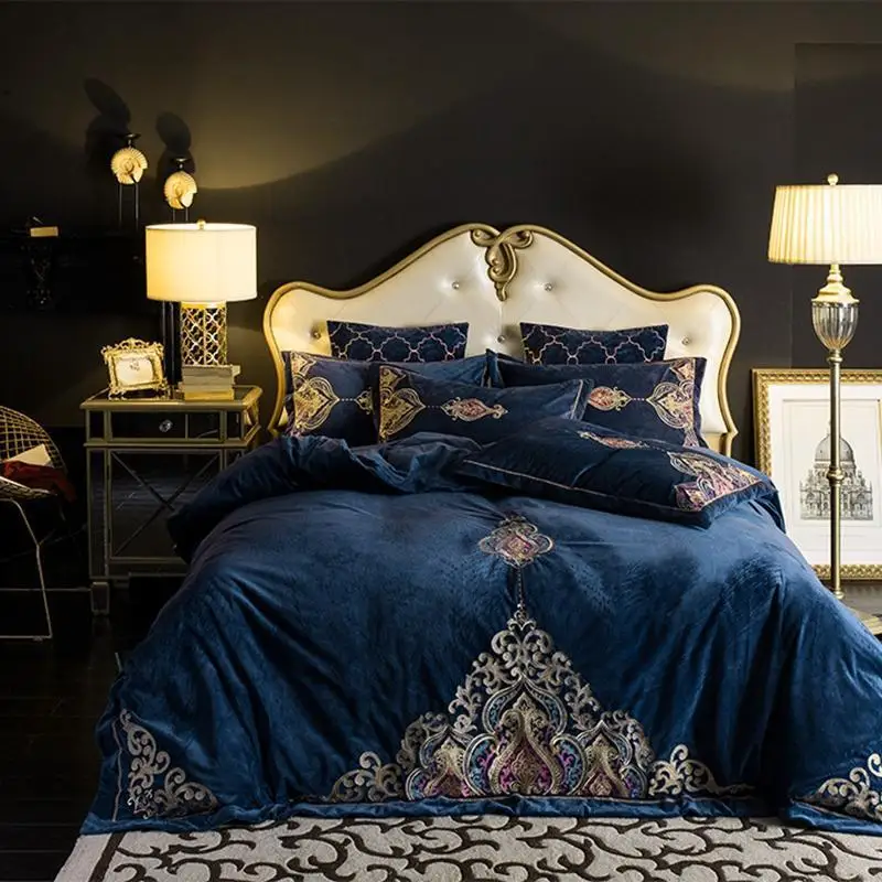 

47 Embroidery King Queen size Duvet Cover Blue Red Velvet Fleece Warm Bedding set for Winter Bed Sheet set Pillowcases 4/6pcs
