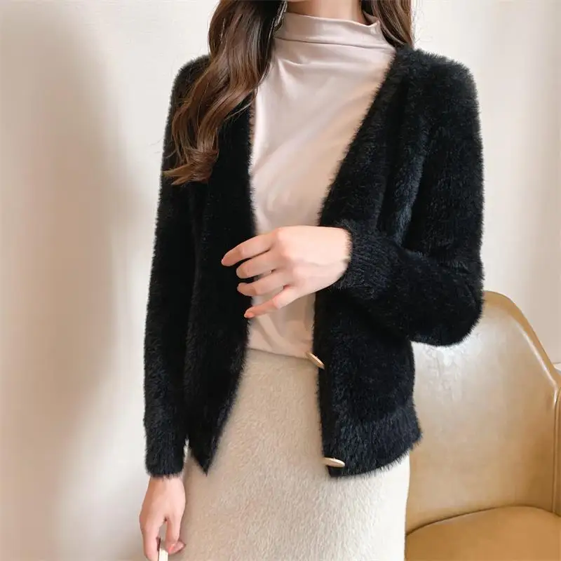 

Cardigan Women Coat Jacket Pink White Apricot 2020 Winter Korean Sweater Women Loose Imitation Mink Velvet V-neck Knit Button