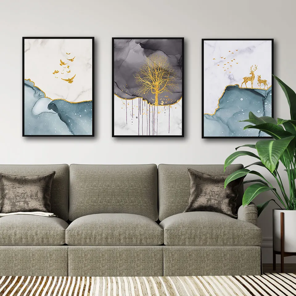 

Abstract Watercolor Tree Poster Golden Deer Canvas Painting Bird Wall Art Pictures For Living Room Modern Home Decorative Print