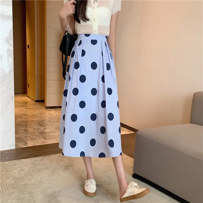 Осенние женские корейские элегантные юбки с высокой талией и принтом в горошек