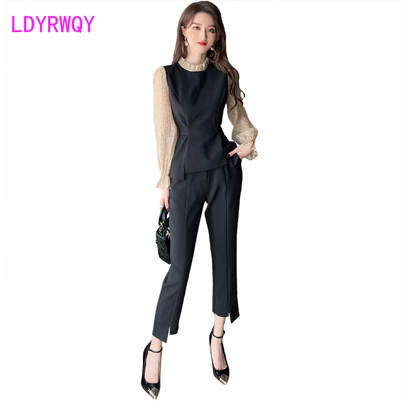 

2020 autumn Korean women's small suit temperament commuter long sleeve black leisure retro two-piece suit