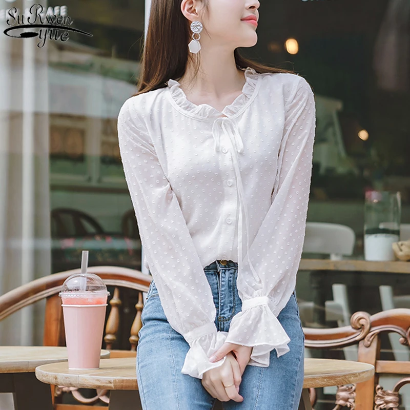 

Korean Style OL Blusa Stand Collar Polka Dot Long-sleeve Suntan Women Blouse Autumn New Arrival Women Shirt Sweet Female 10418