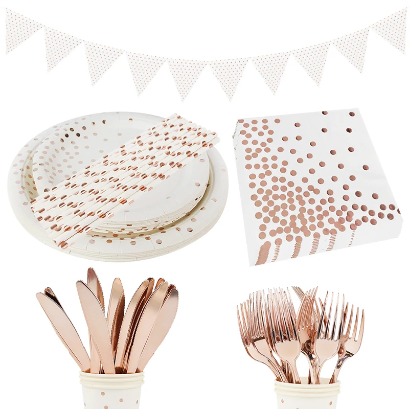 

1-25pcs/set Rose Gold Dot Disposable Tableware Paper Plates Cups Napkins Baby Shower Birthday Party Supplies Wedding Favor Decor