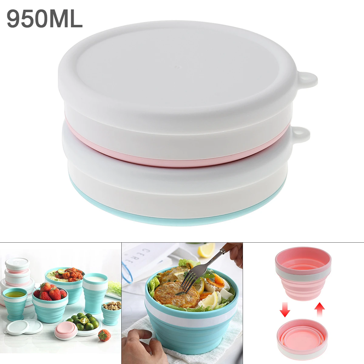 

950ML 2 Colors Portable Circular Silicone Scalable Folding Lunchbox Bento Box for - 40 Centigrade ~ 230 Centigrade